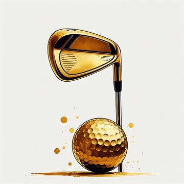 Luxury gold-colored golf club driver hitting a golden golf ball with liquid splashes.