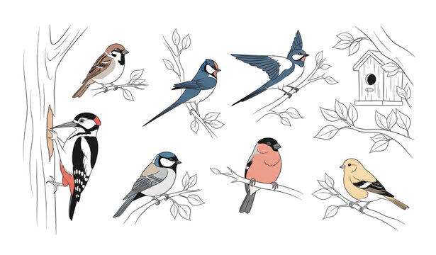 Minimalist flat vector birds set hand-drawn perched sparrow, canary, and more