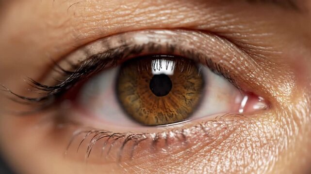 Extreme macro close-up of a beautiful brown human eye blinking. Detailed iris texture, pupil, and eyelashes. Human anatomy and vision concept.