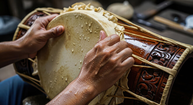 Crafting a Kendang Hands Shaping a Traditional Indonesian Drum.
