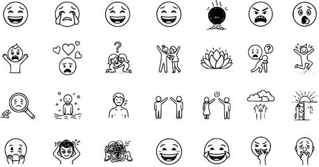 Fototapeta premium Black and White Doodle Illustration of Emotions and Feelings: Vector Clipart for Education and Psychology