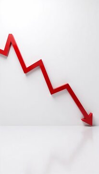 Red downward trend graph arrow on white background representing Fall and rise  