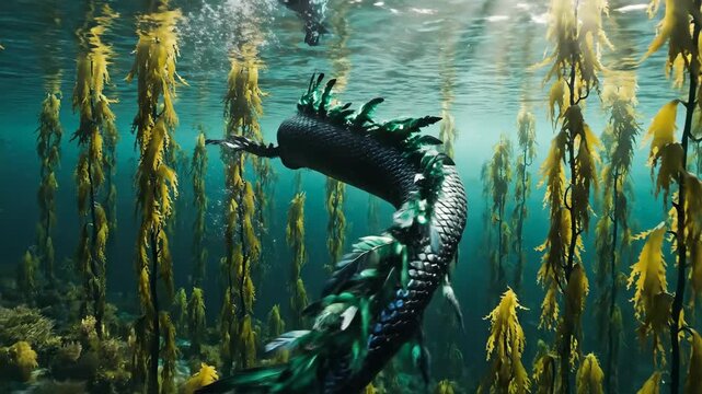 Majestic Sea Serpent Swimming Through Underwater Kelp Forests