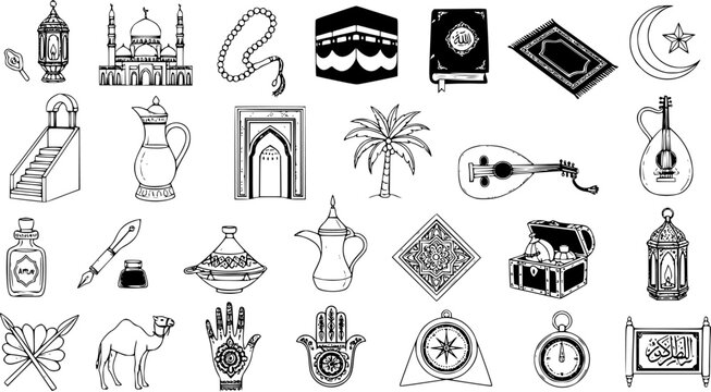 Islamic Symbols Set - Black and White Line Art Icons for Ramadan, Eid, and Muslim Culture