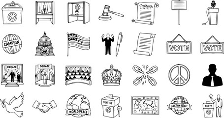 Fototapeta premium Black and White Line Art Icons Representing Election and Democracy Concepts