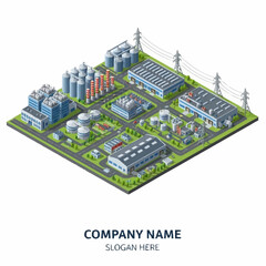 Obraz premium Isometric industrial complex with factories, warehouses, and power lines, representing manufacturing and industry.