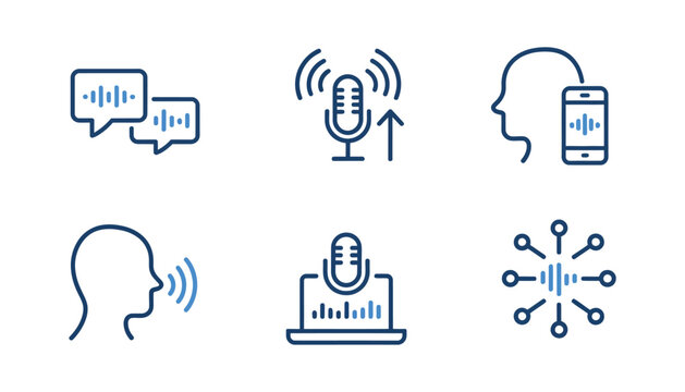 Hand drawn AI speech voice recognition icon set, blue outline vector graphics, voice assistant and AI technology illustration, modern minimal design