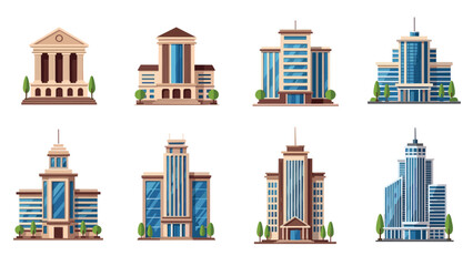 Naklejka premium Variety of modern office building illustrations including a bank and corporate towers shown in a clean flat architectural style.