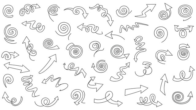Huge collection of hand drawn swirly arrows and spiral doodles in a sketchy line art style useful for directional cues and graphic accents.