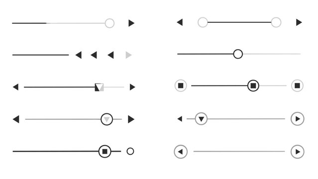 Comprehensive set of user interface slider bars and control elements in grayscale showing various positions and styles for web applications.