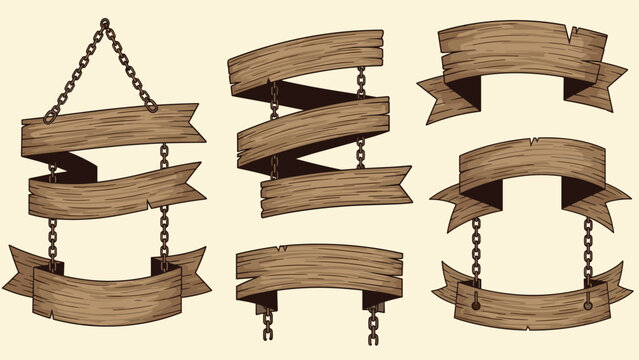 Set of rustic wooden banners and signboards of various shapes hanging from metal chains against a plain background for menu and event signs.