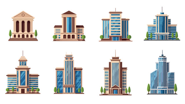 Variety of modern office building illustrations including a bank and corporate towers shown in a clean flat architectural style.