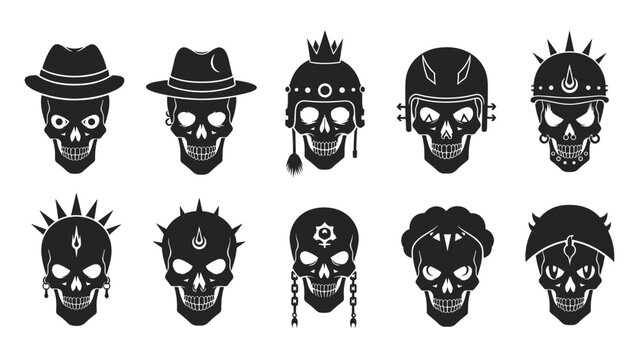 Set of human skull silhouette icons wearing different hats including helmets, crowns, and caps representing various subcultures.