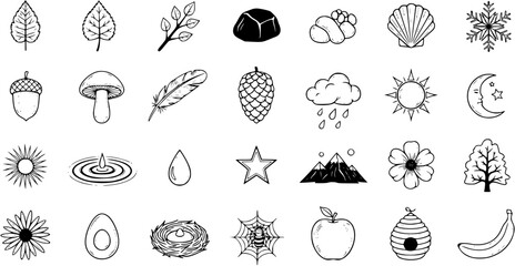 Nature and Environment Black  White Line Art Icons Collection: Hand-drawn Doodle Outline Symbols of Organic Elements, Weather, Plants, Animals, and Food © devanca