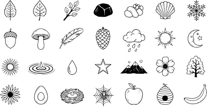 Nature and Environment Black  White Line Art Icons Collection: Hand-drawn Doodle Outline Symbols of Organic Elements, Weather, Plants, Animals, and Food