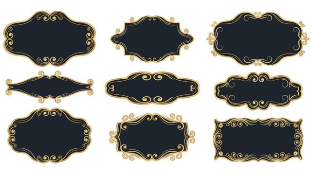 Collection of elegant vintage labels and frames with ornate golden borders on a dark blue background perfect for luxury product packaging.