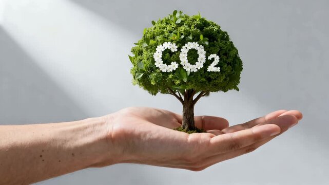 手がCO2文字の木を支える環境コンセプト写真