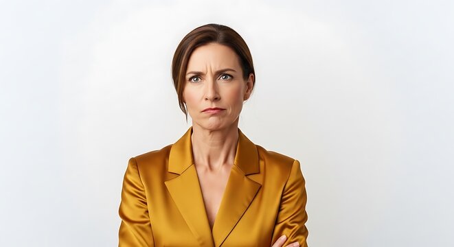 Skeptical mature businesswoman looking displeased and judgmental while wearing a stylish gold satin blazer for a professional studio portrait on white