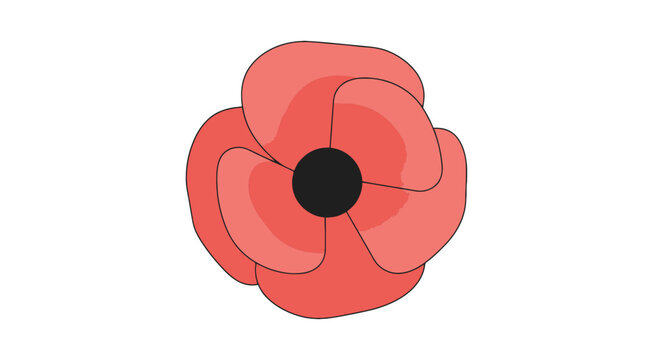 Red poppy illustration with black center in vector style; floral remembrance symbol with layered petal effect against a blank backdrop