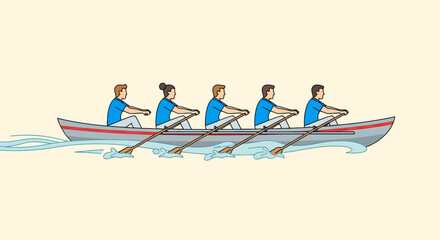 Illustration of a rowing team in a boat with oars on water in a cartoon style team sport concept of teamwork and competition outdoor activity © Mesrawati