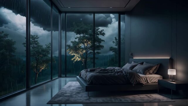 A sleek contemporary bedroom overlooks a dramatic thunderstorm.