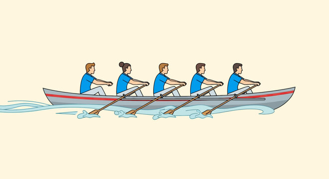 Illustration of a rowing team in a boat with oars on water in a cartoon style team sport concept of teamwork and competition outdoor activity