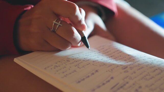 Focused hands taking notes in notebook, daylight across page, rings on finger, precise listmaking, planning details, study posture, measured pen strokes, organized layout, productive atmosphere,