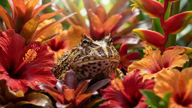 Close-up of a camouflaged frog amidst vibrant tropical flowers.