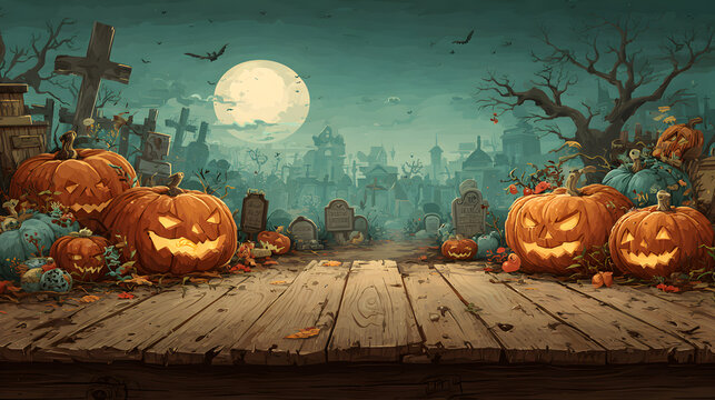 Creepy Illustration of Haunted Pumpkin Patch with Scary Jack O' Lanterns and Undead Creatures