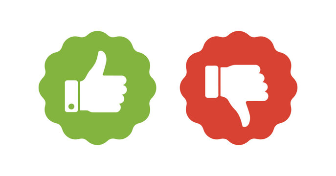 Thumbs up and thumbs down label icons, flat stamp vector set, &ldquo;I like it&rdquo; and &ldquo;I don&rsquo;t like it,&rdquo; Do&rsquo;s and Don&rsquo;ts, good and bad choice voting buttons with hand, vector illustration.