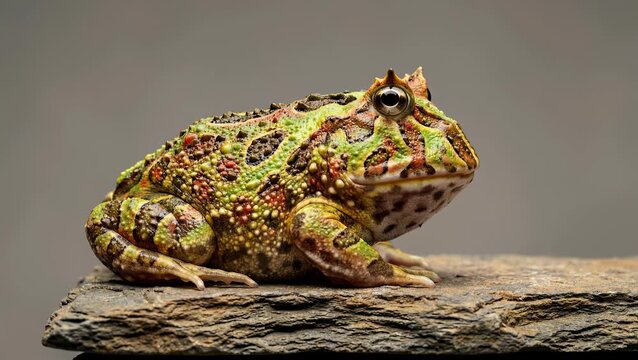 Close-up of a colorful Pacman frog sitting on a rock.