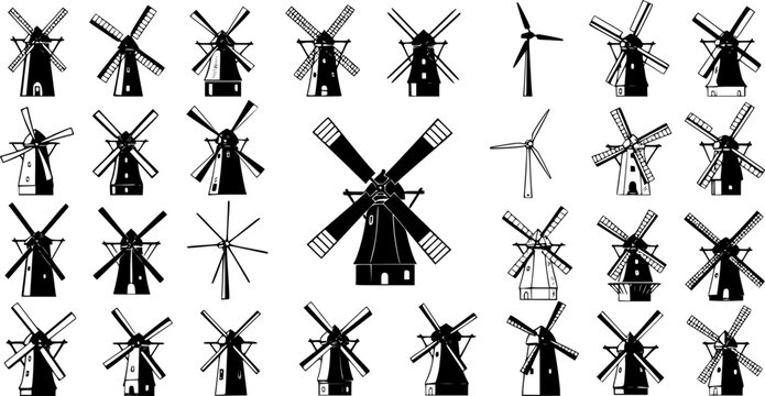 Collection of traditional Dutch windmills and modern wind turbines in black and white silhouette illustrations, showcasing various designs and styles for energy and power concepts.