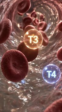 Thyroid hormone t3 t4 blood flow through artery bloodstream red blood cell biology medical concept showing endocrine signal bubble in bloodstream with clinical healthcare illustration