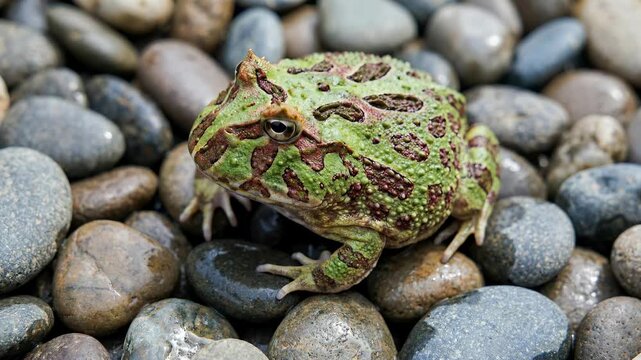 Green frog with brown spots sitting on smooth river stones.