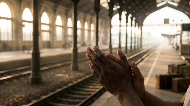 Person praying at old train station platform with sunlight.