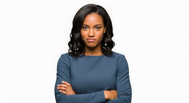 Upset black woman standing with arms crossed while looking unhappy and wearing stylish professional blue dress for a corporate studio portrait on white