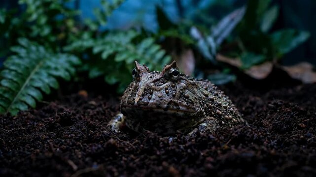 Close up of a camouflaged frog sitting in dark soil with green plants.