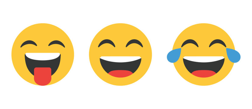 Laugh emoji icon set, generic style smiling and laughing face emoticons, LOL and laughter concept vector illustration