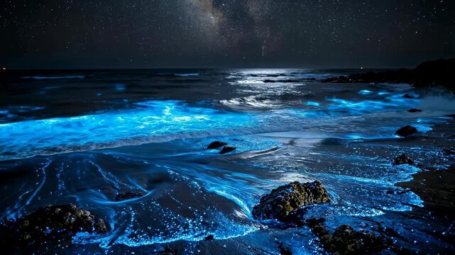 Bioluminescent Waves Glow With Ethereal Blue Light on a Dark Beach.