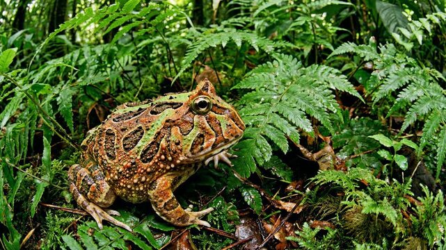 Large Pacman Frog Sits Amongst Lush Green Ferns in Tropical Rainforest.