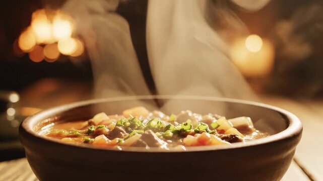 Steaming hot bowl of hearty stew with meat and vegetables, garnished with fresh herbs, cozy ambiance, comfort food, perfect for winter meals and restaurant menus