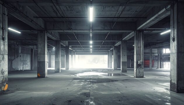 A dimly lit, empty parking garage with concrete pillars (1)