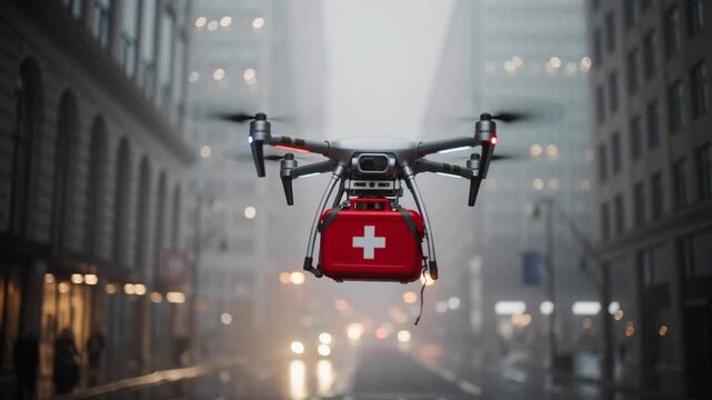 Emergency medical drone delivering first aid kit in urban city environment for rapid healthcare response
