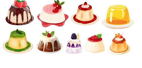 Assorted Gourmet Pudding and Panna Cotta Collection: Delicious Dessert Illustrations with Fruit Toppings © Elmyra Studio