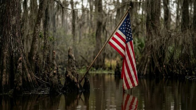 American flag waving in a swamp with cypress trees and Spanish moss.