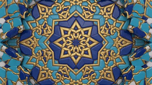 Intricate geometric mosaic pattern with gold accents, blue and turquoise tiles, Islamic geometric art, decorative arabesque design, repeating texture
