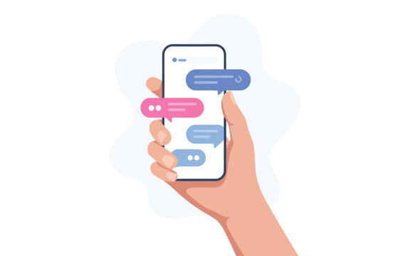 This image shows a human hand holding a modern smartphone displaying various colorful chat message bubbles