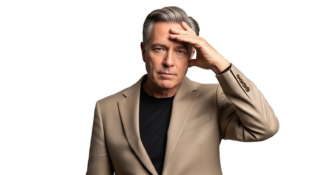 Stressed mature businessman touching forehead while suffering from a headache wearing a stylish tan blazer for a professional studio portrait on white