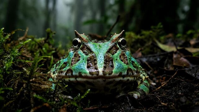 Close-up of a green frog with intricate patterns in a natural forest setting.