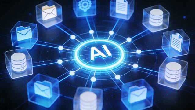 is a digital illustration with a futuristic and technological style, featuring a network layout. The central focus is a glowing circular hub with the letters 'AI' prominently displayed in a sleek, mod